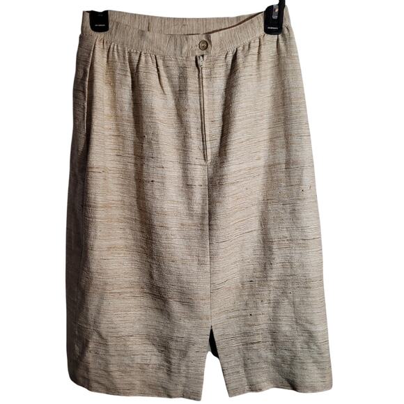 Vintage 80s Ivory Taupe Gold Career Skirt Size 6 Midi Modest Old Money Church - Picture 3 of 7